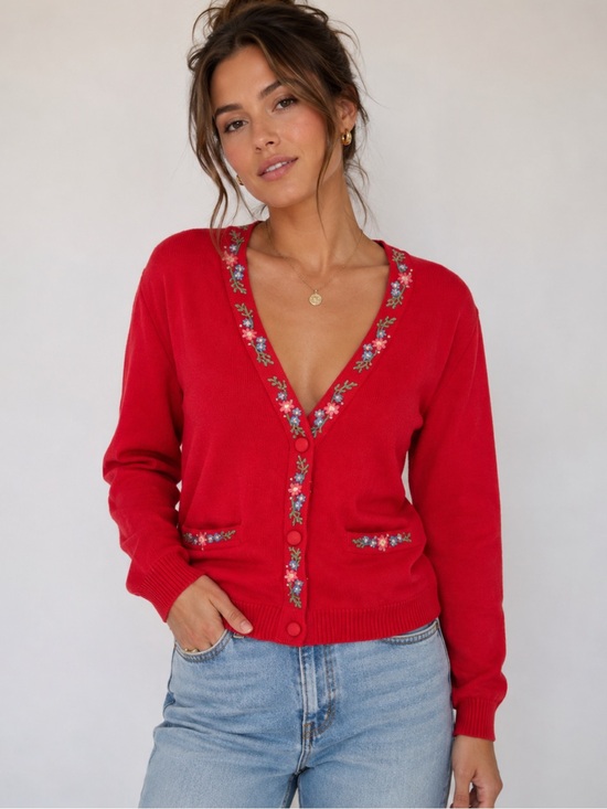 Talbots Sweaters - Red Floral Cardigan | Cottagecore Embroidery Ramie Cotton Knit Grandma Core